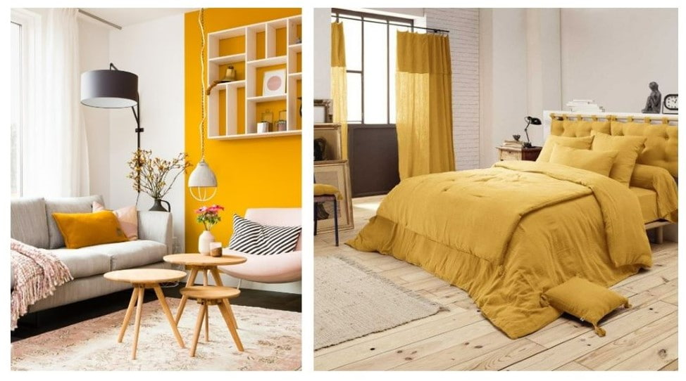 jaune safran interieur mur et linge de maison